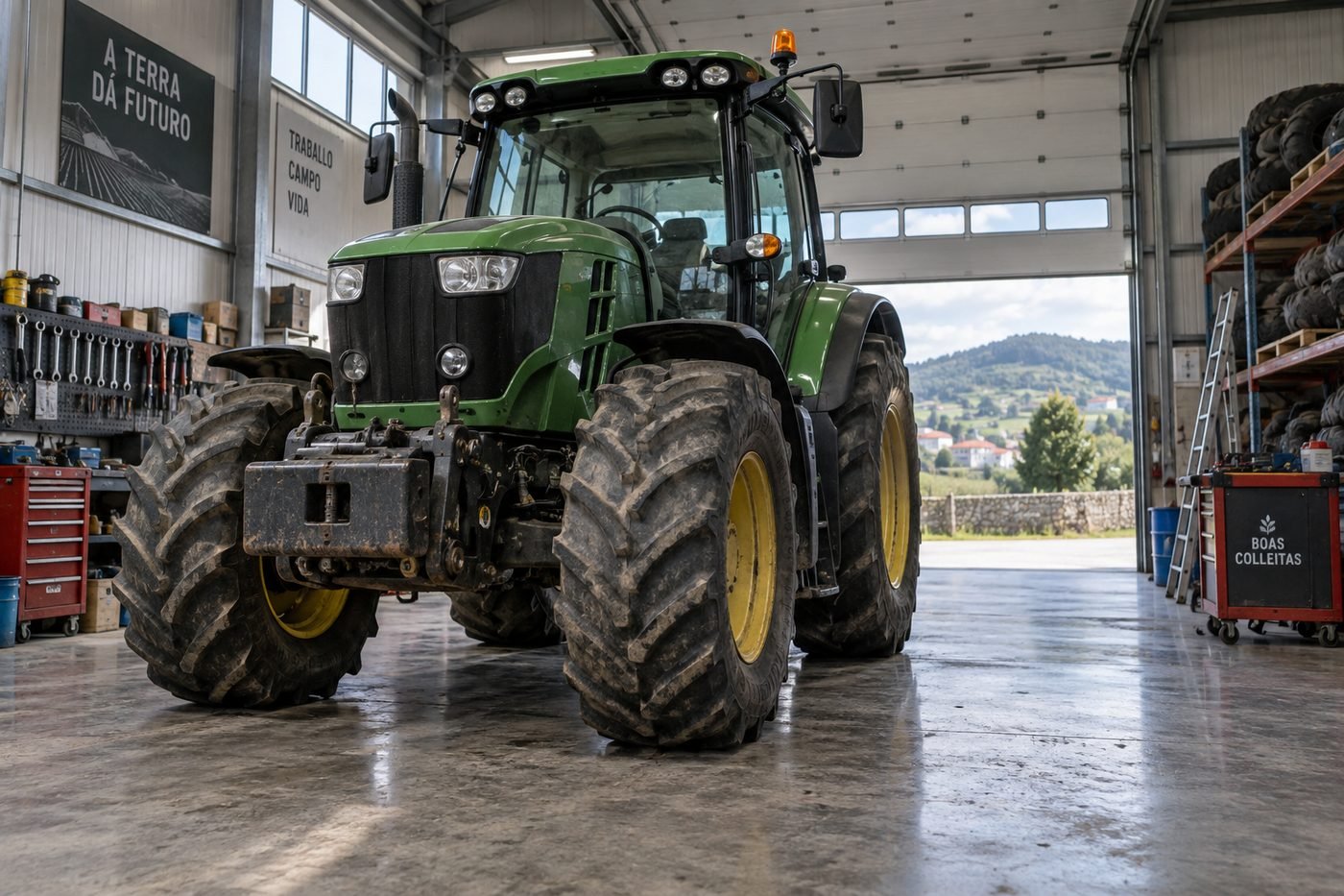 Tractor agrícola en el taller DT Autopro Ortigueira — neumáticos, aceites y mantenimiento agrícola en el Ortegal